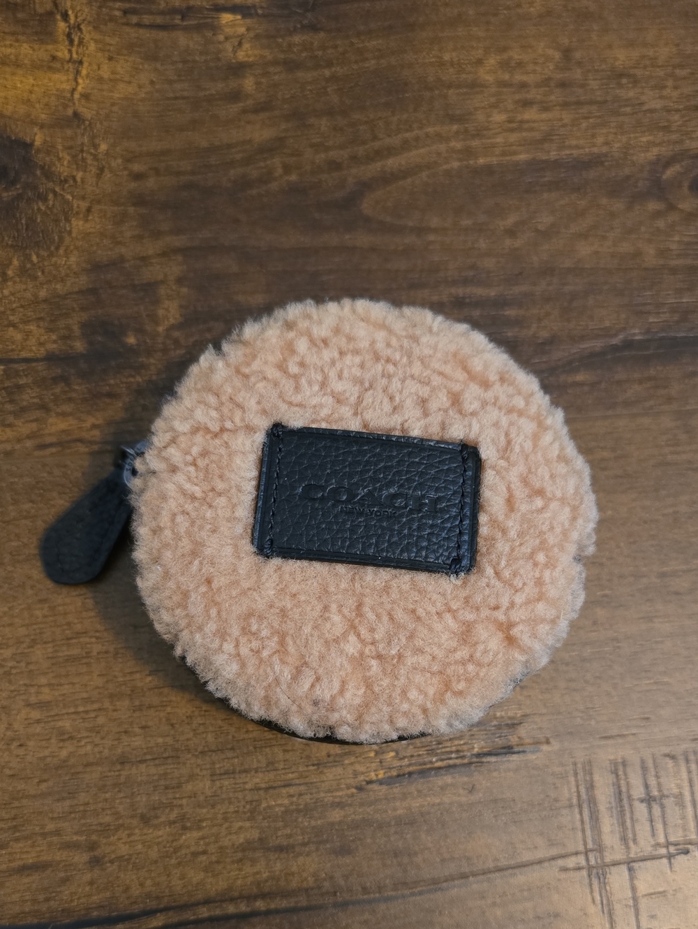 Coach Peach Shearling Round Coin Pouch with Black Leather Logo